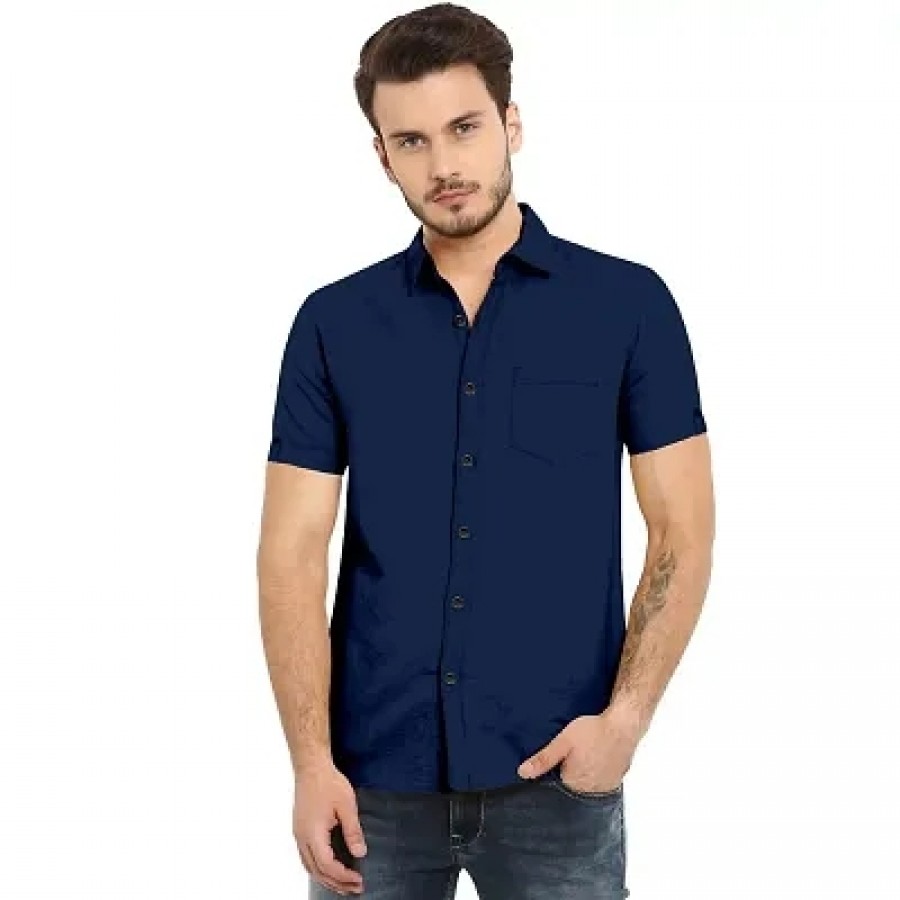 Amazing Navy Blue Cotton Solid Casual Shirts For Men