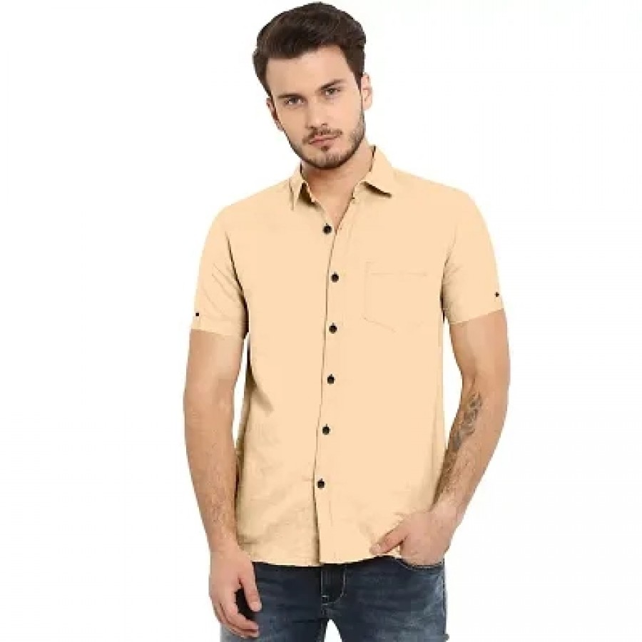 Amazing Peach Cotton Solid Casual Shirts For Men