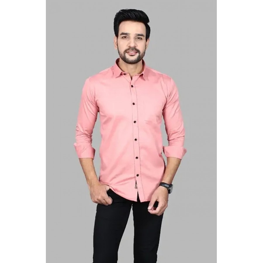 Amazing Pink Cotton Blend Solid Long Sleeves Casual Shirts For Men