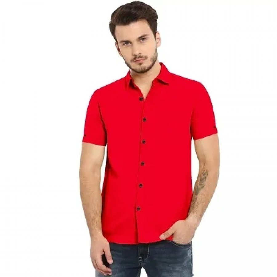 Amazing Red Cotton Solid Casual Shirts For Men