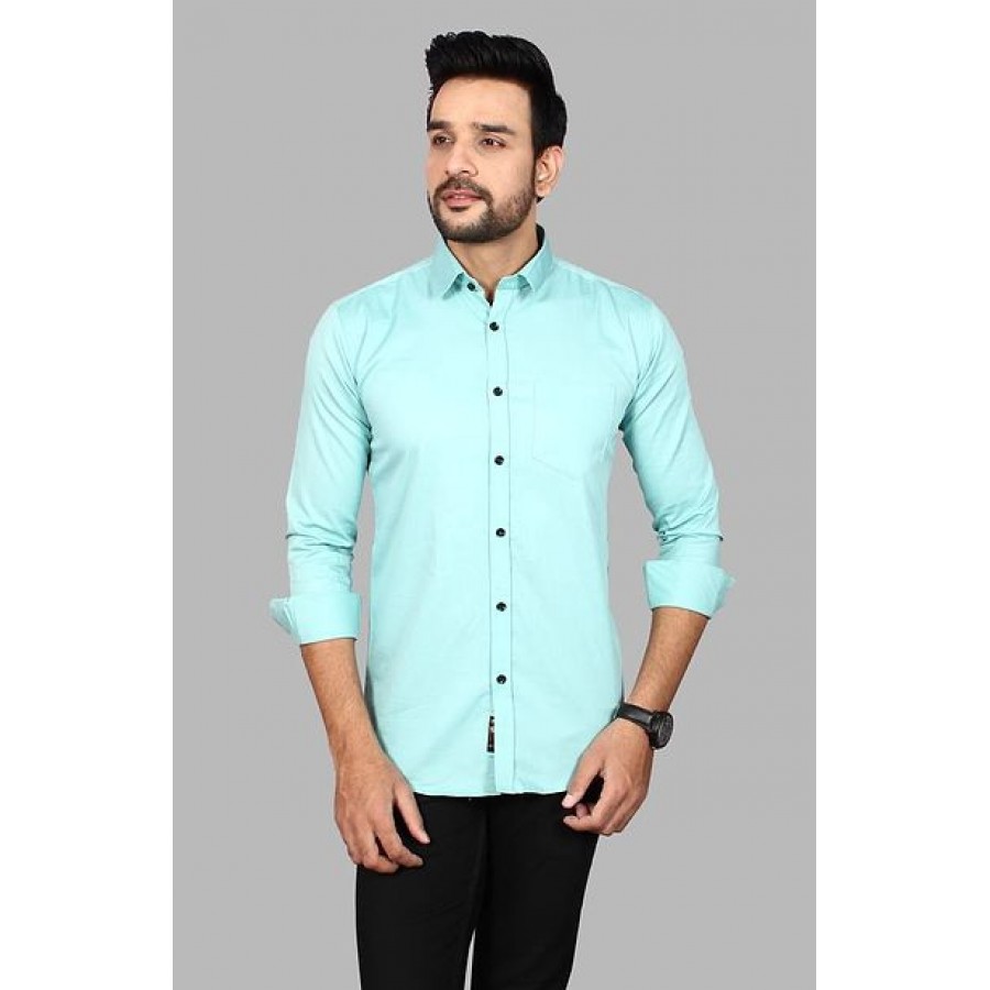 Amazing Turquoise Cotton Blend Solid Long Sleeves Casual Shirts For Men