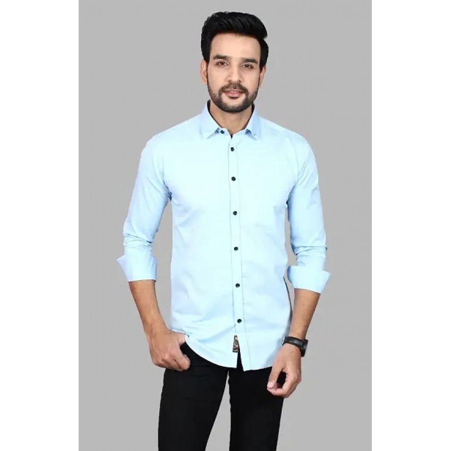 Amazing Turquoise Cotton Blend Solid Long Sleeves Casual Shirts For Men