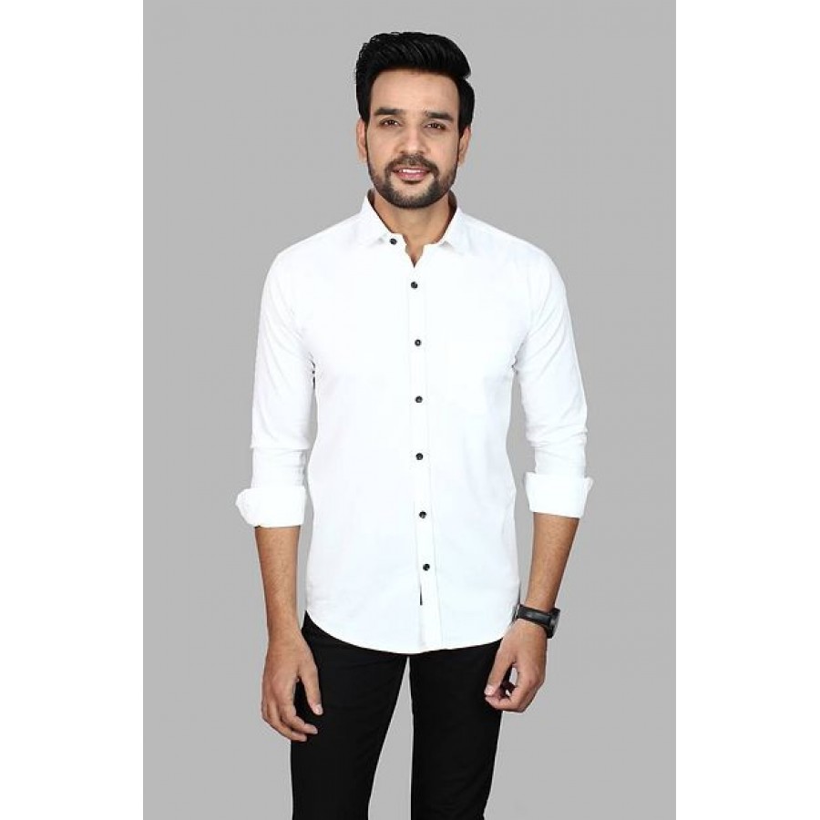 Amazing White Cotton Blend Solid Long Sleeves Casual Shirts For Men