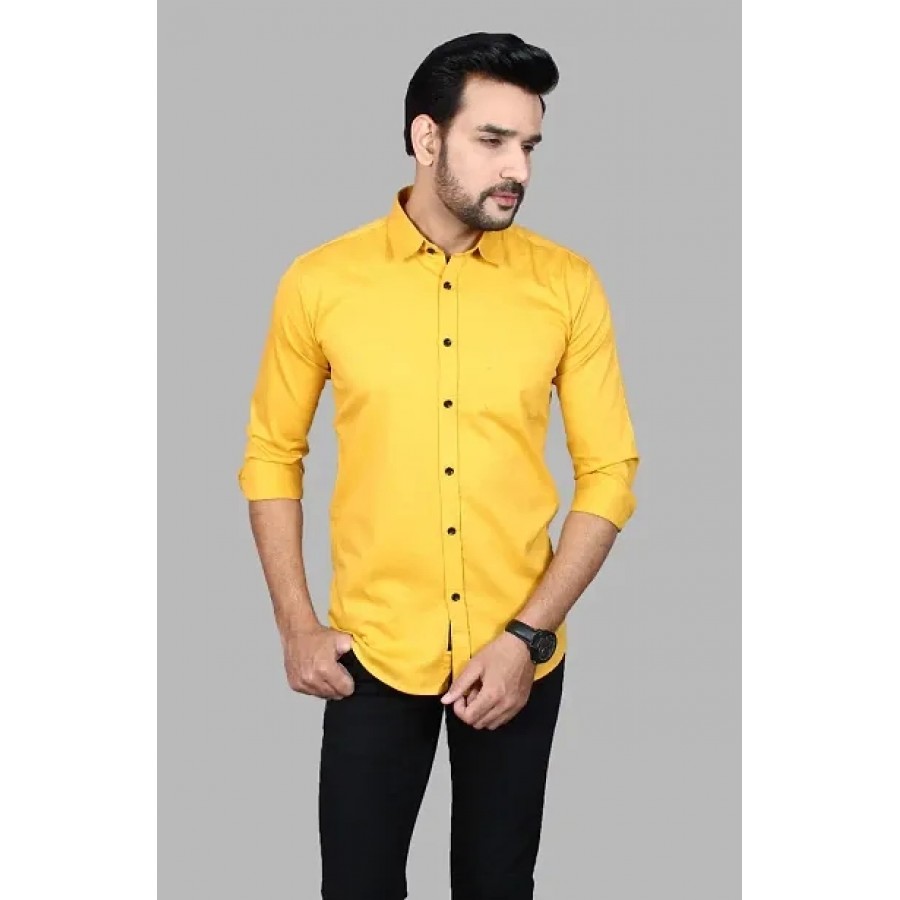 Amazing Yellow Cotton Blend Solid Long Sleeves Casual Shirts For Men