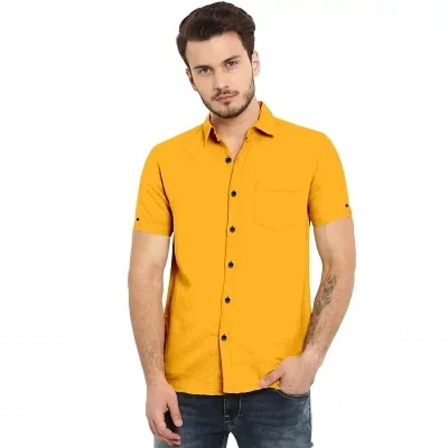 Amazing Yellow Cotton Solid Casual Shirts For Men