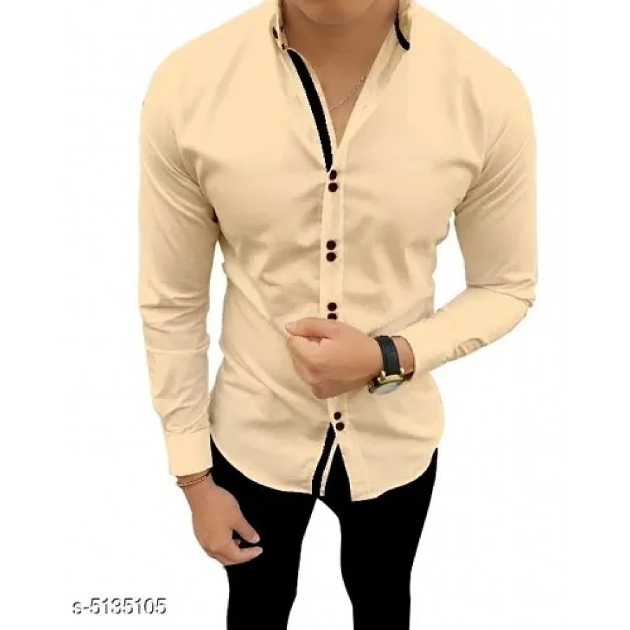 Beige Cotton Blend Solid Casual Shirts For Men