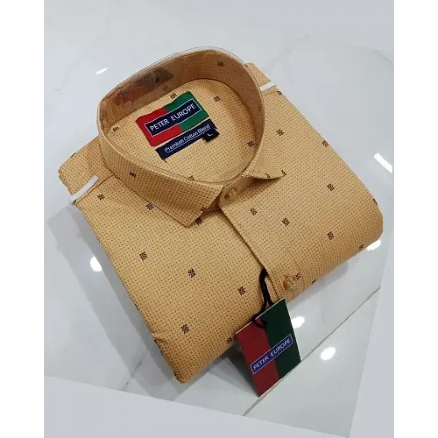 Beige Cotton Printed Casual Shirts For Men