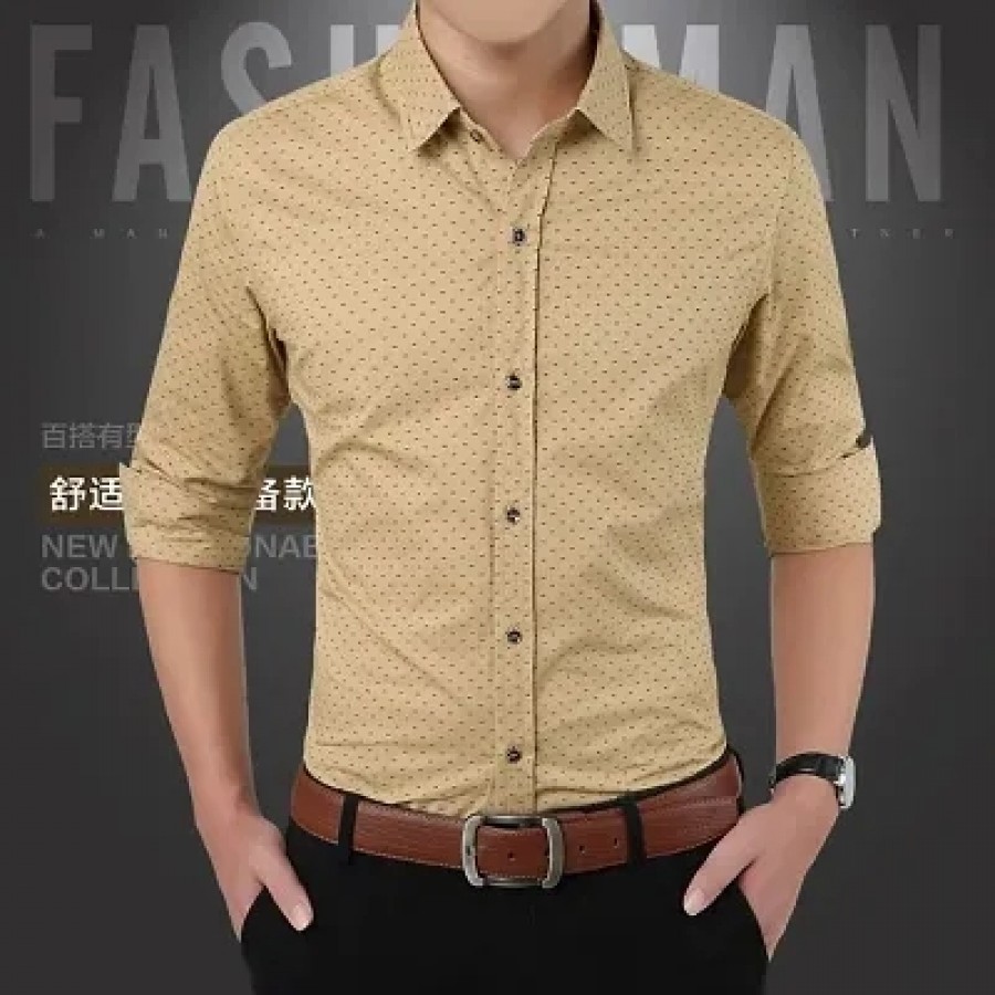 Beige Cotton Printed Casual Shirts For Men