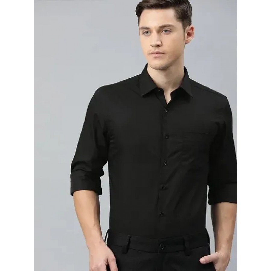 Black Cotton Blend Solid Casual Shirts For Men