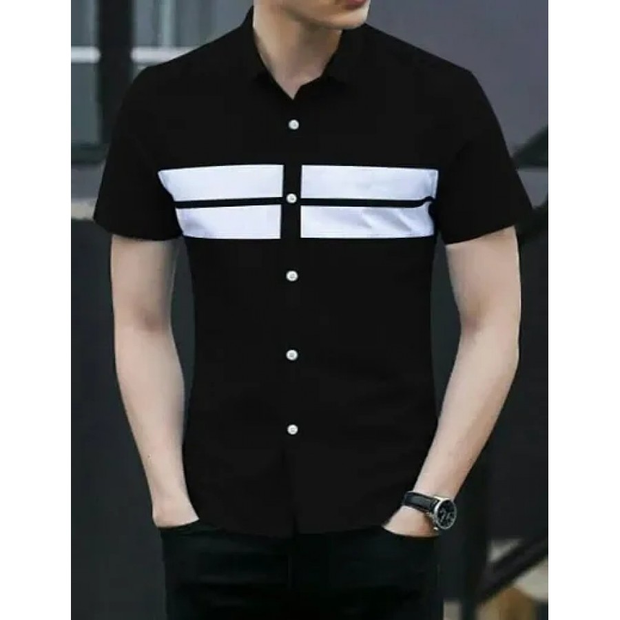 Black Cotton Blend Solid Casual Shirts For Men