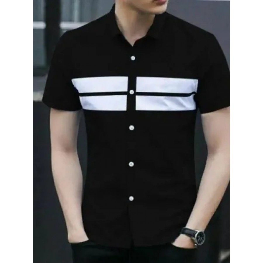 Black Cotton Blend Striped Casual Shirts For Men