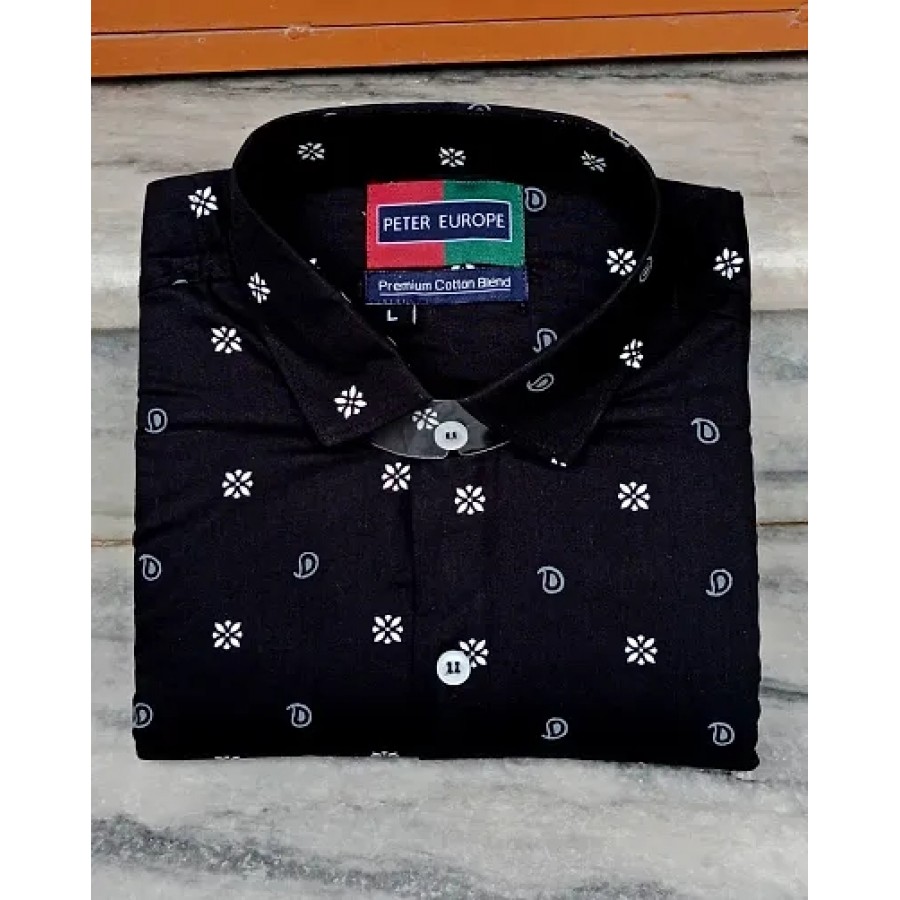 Black Cotton Printed  Casual Shirts