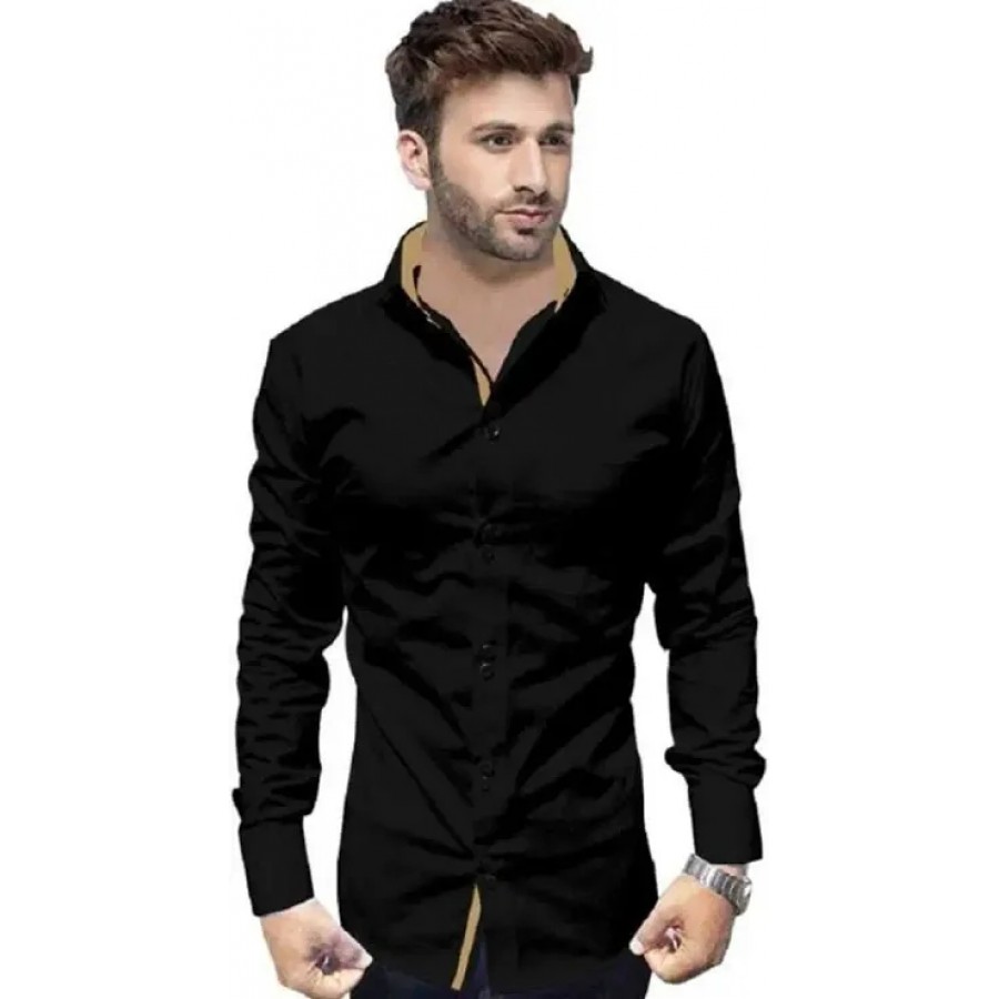 Black Cotton Solid Casual Shirts For Men