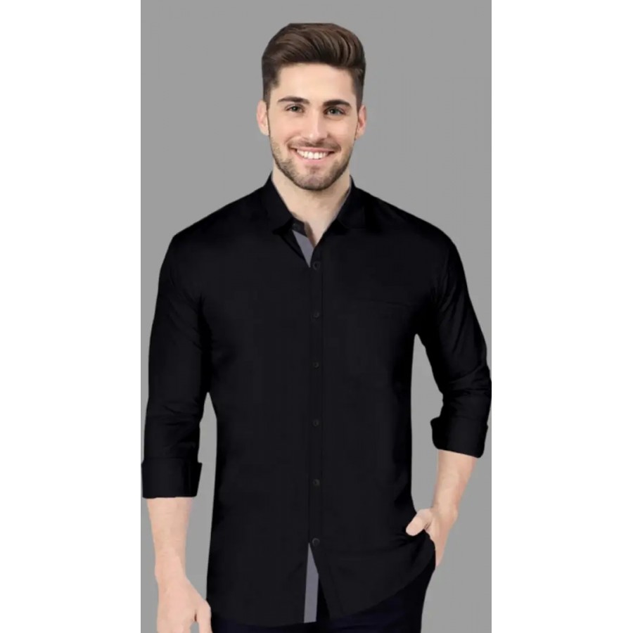 Black Cotton Solid Casual Shirts For Men