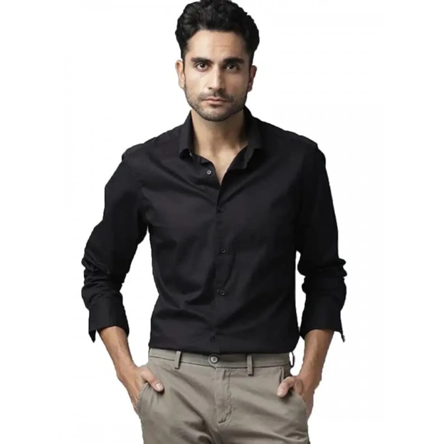 Black Cotton Solid Casual Shirts For Men