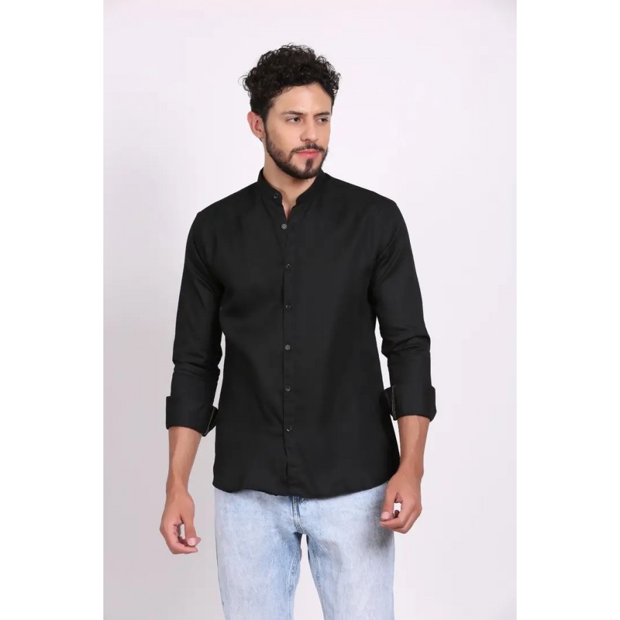 Black Cotton Solid Casual Shirts For Men