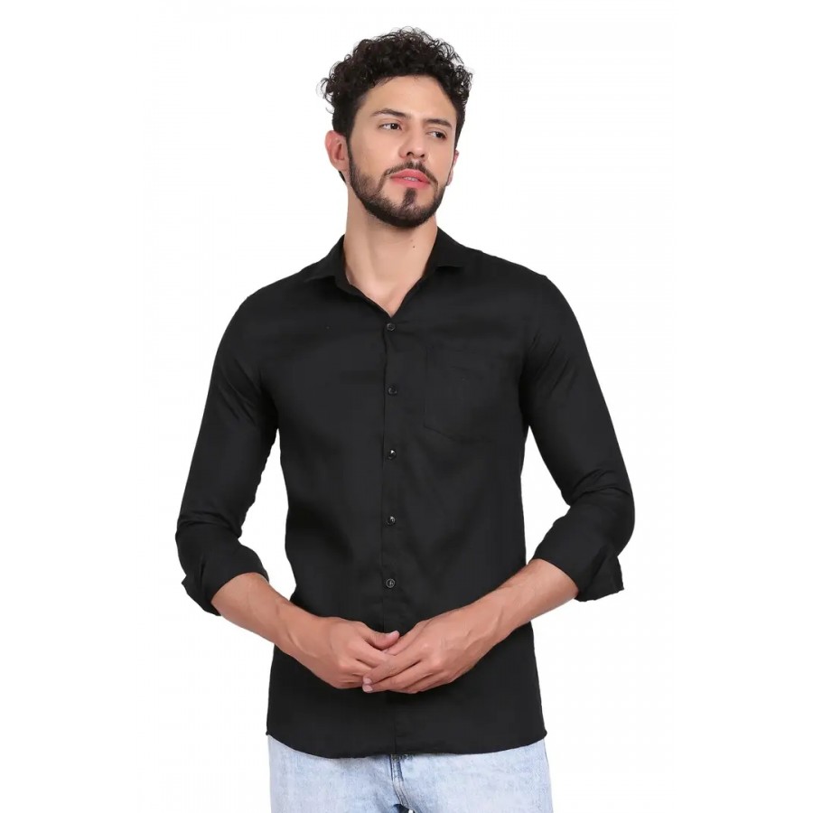 Black Cotton Solid Casual Shirts For Men