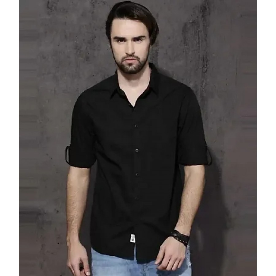 Black Cotton Solid Casual Shirts For Men