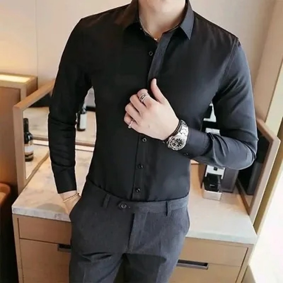 Black Cotton Solid Casual Shirts For Men