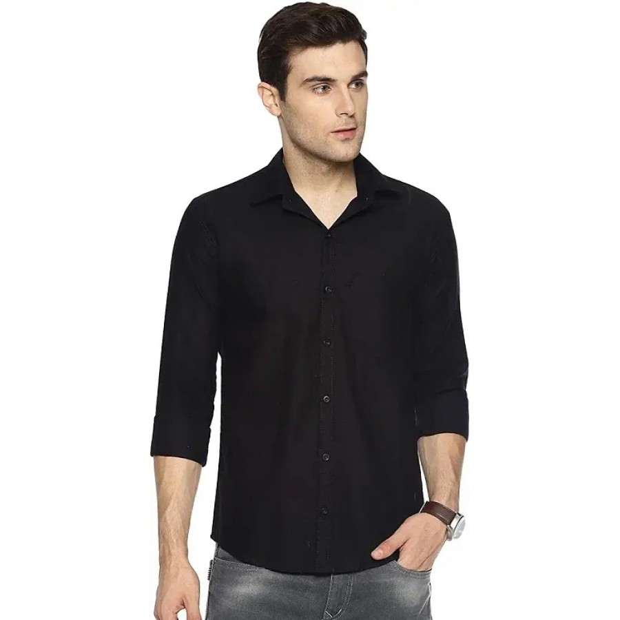 Black Cotton Solid Casual Shirts For Men