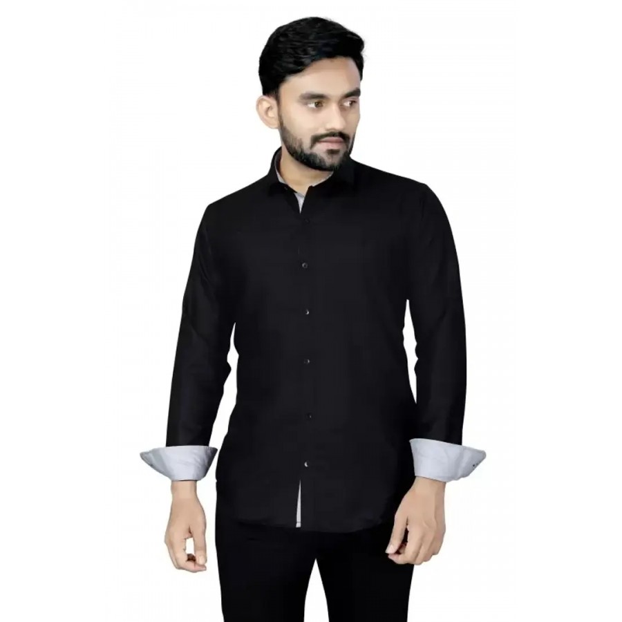 Black Cotton Solid Casual Shirts For Men