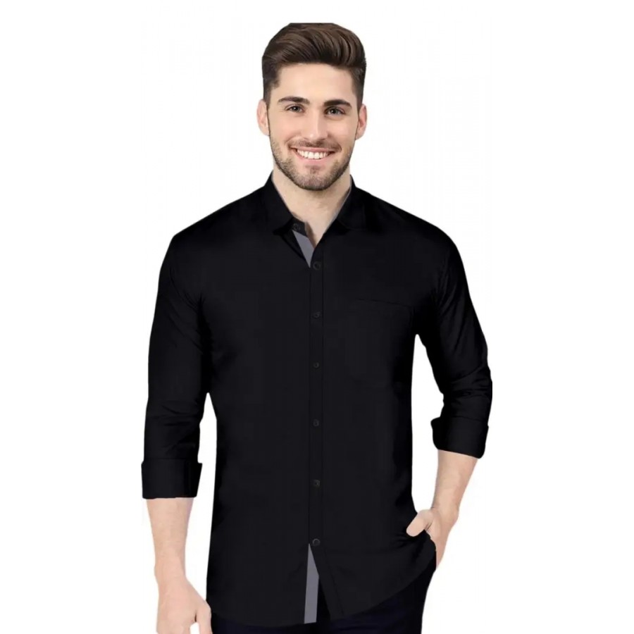 Black Cotton Solid Casual Shirts For Men