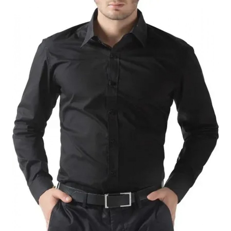 Black Cotton Solid Casual Shirts For Men