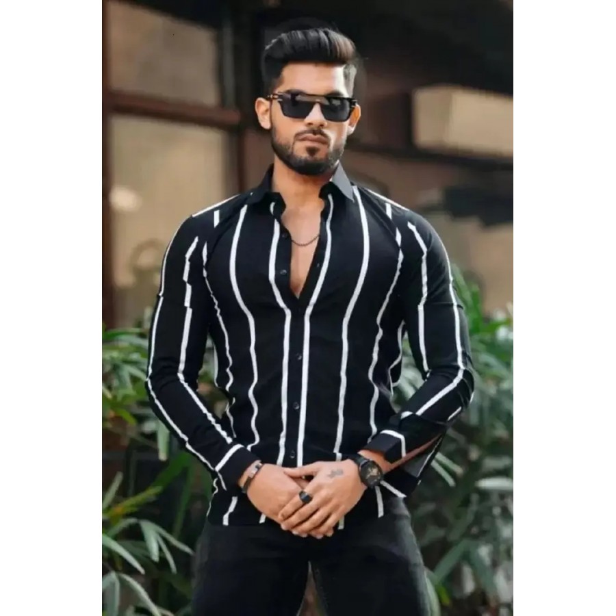 Black Men Slim Fit Striped Casual Shirt Lycra