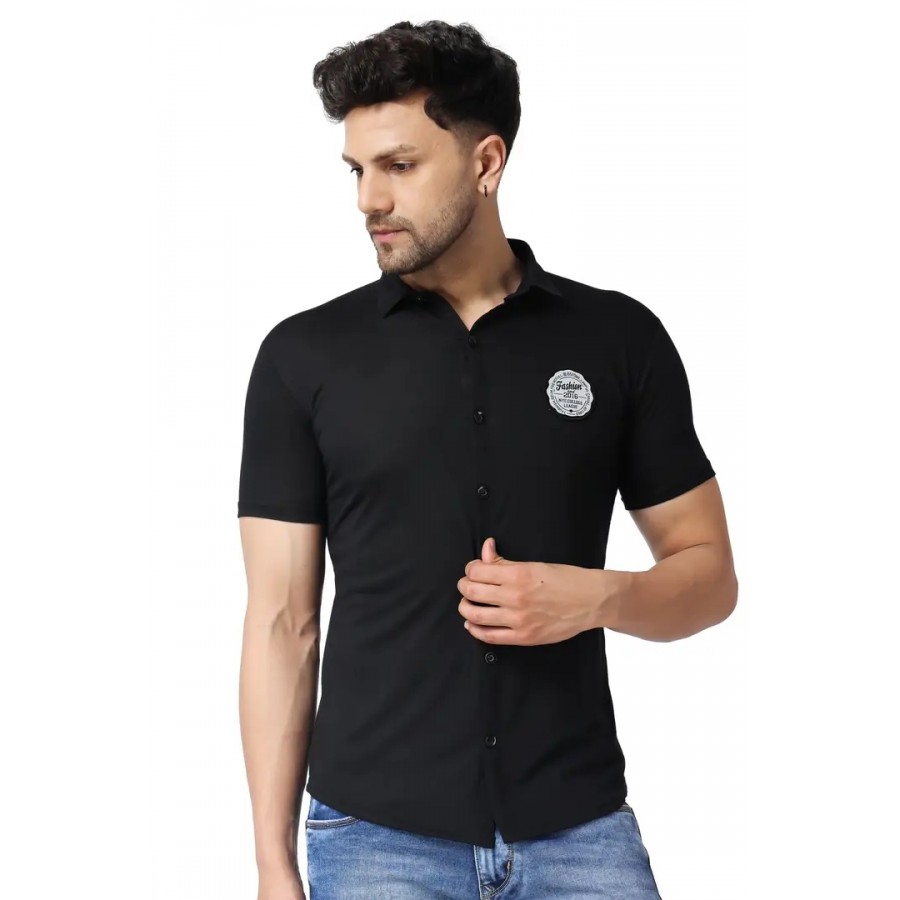 Black Cotton Blend Self Pattern Casual Shirts For Men