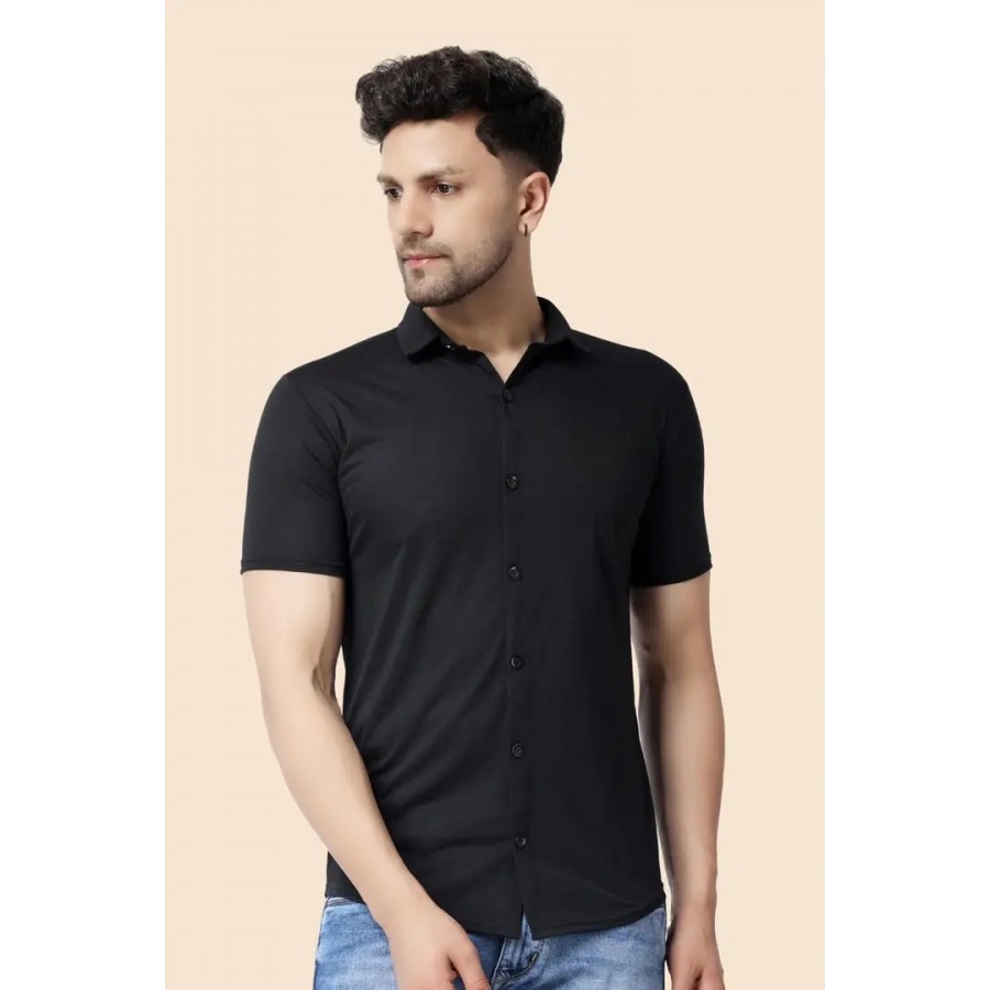 Black Cotton Blend Solid Casual Shirts For Men