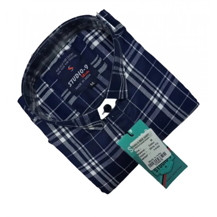 Blue Cotton Blend Checked Casual Shirts For Men