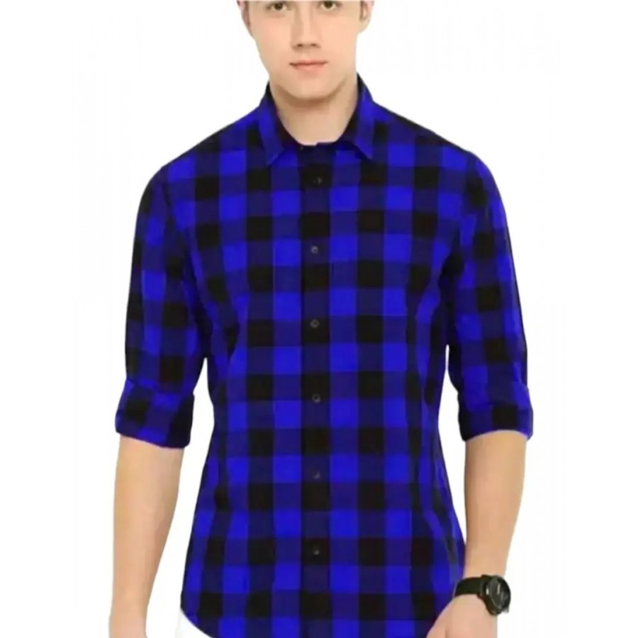 Blue Cotton Checked Casual Shirts For Men