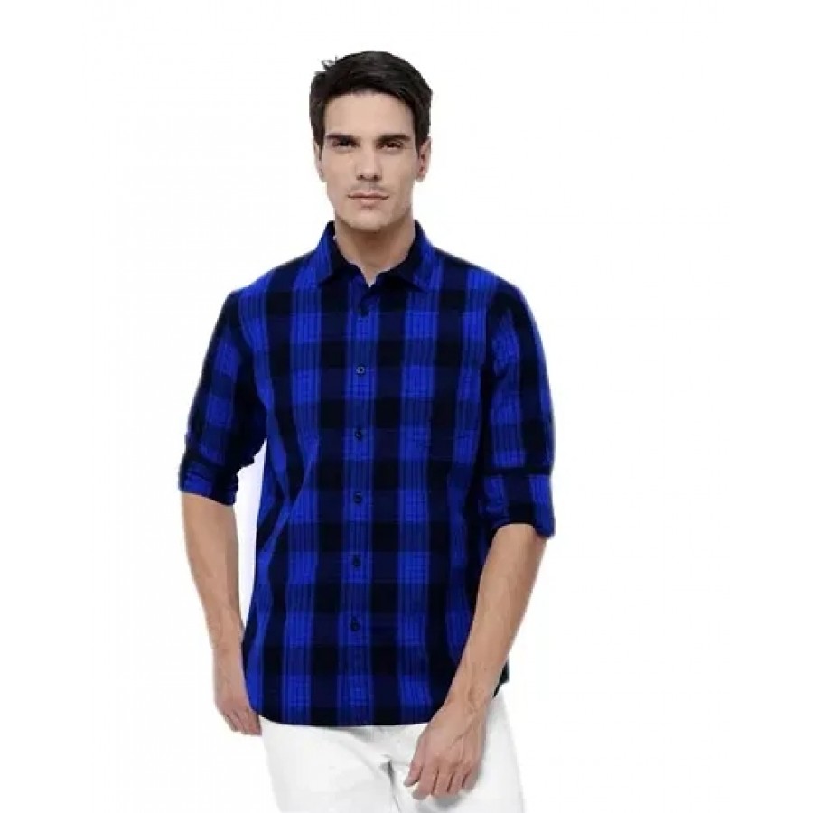 Blue Cotton Checked Casual Shirts For Men