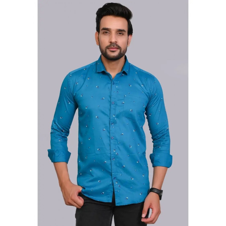 Blue Cotton Printed Casual Shirts For Men