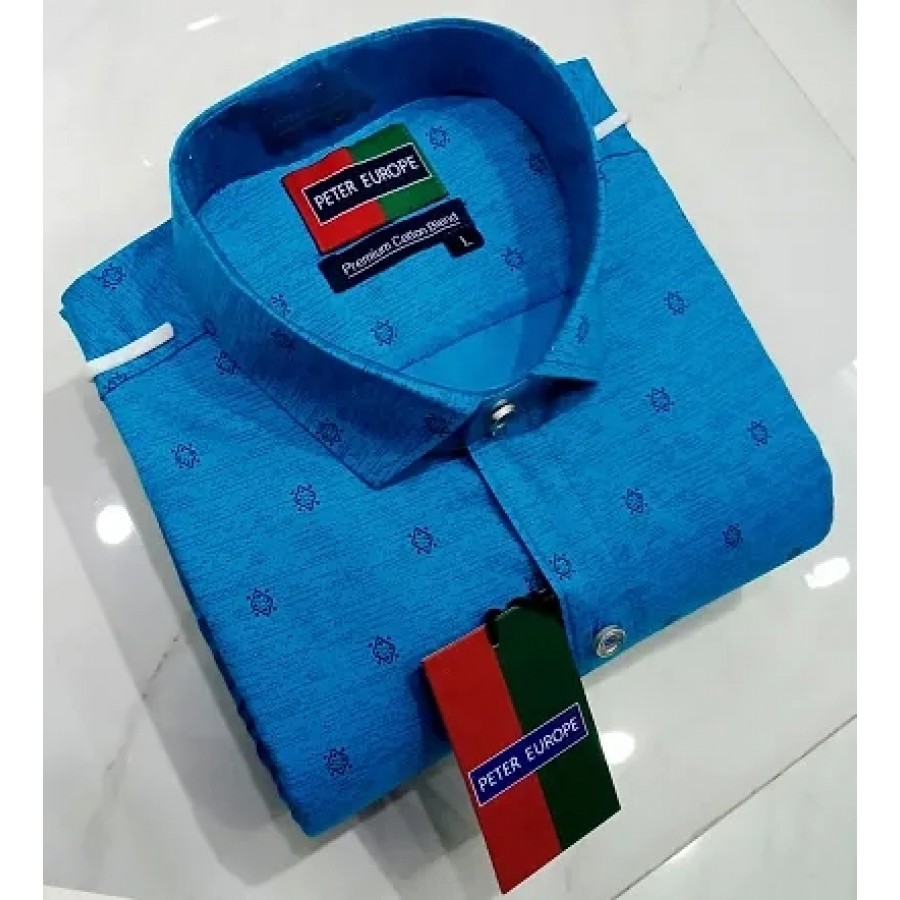 Blue Cotton Printed Casual Shirts For Men