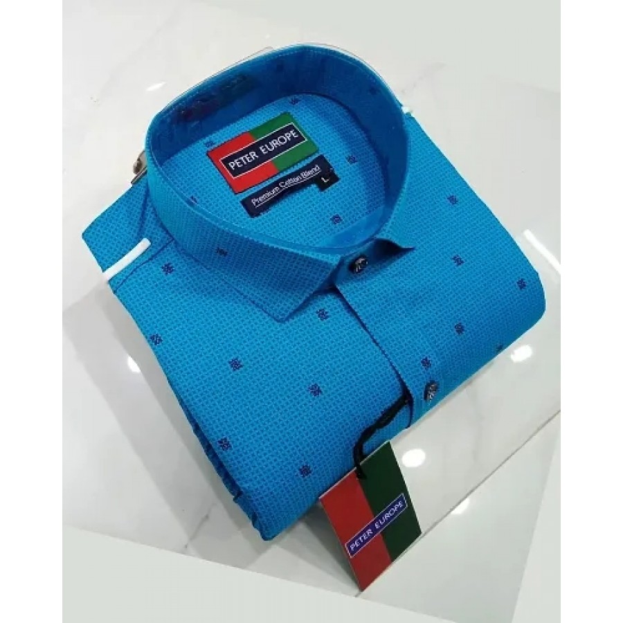 Blue Cotton Printed Casual Shirts For Men