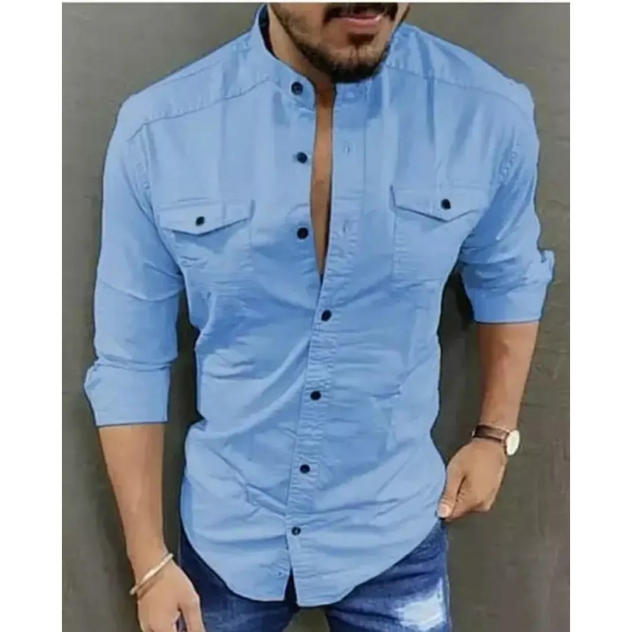 Blue Cotton Solid Casual Shirts For Men