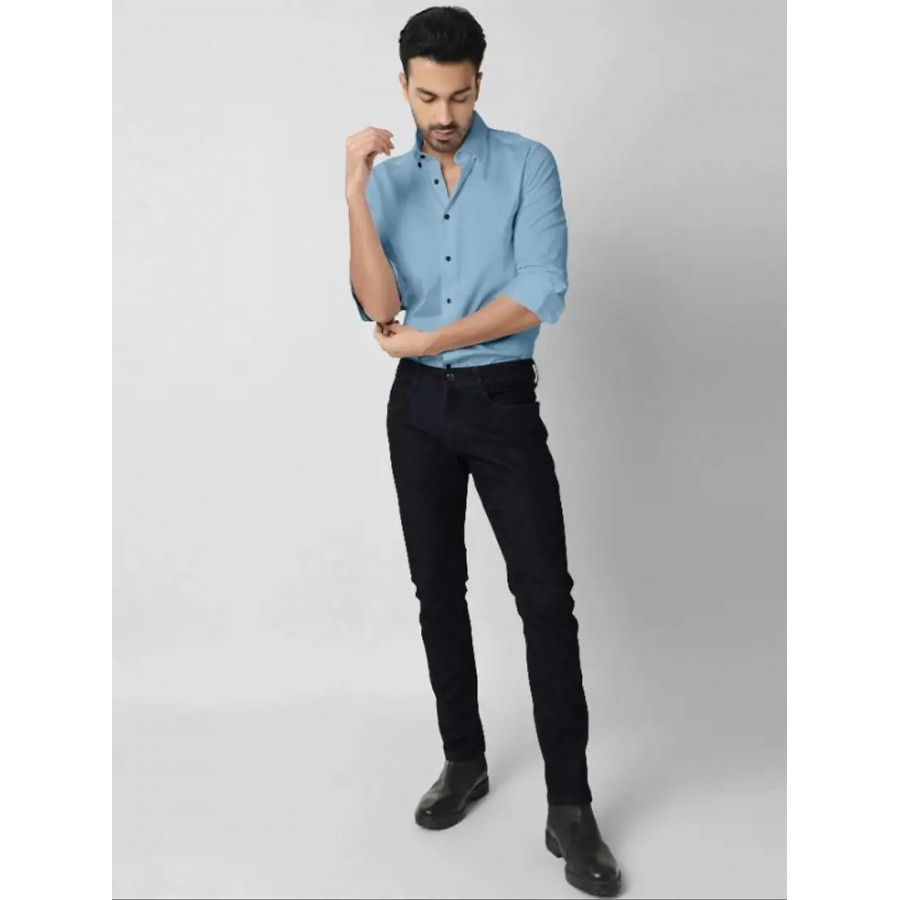 Blue Cotton Solid Casual Shirts For Men