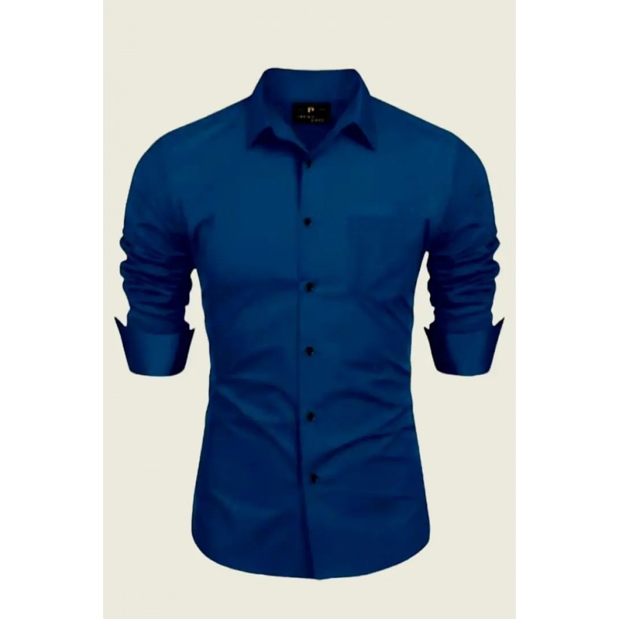 Blue Cotton Solid Casual Shirts For Men