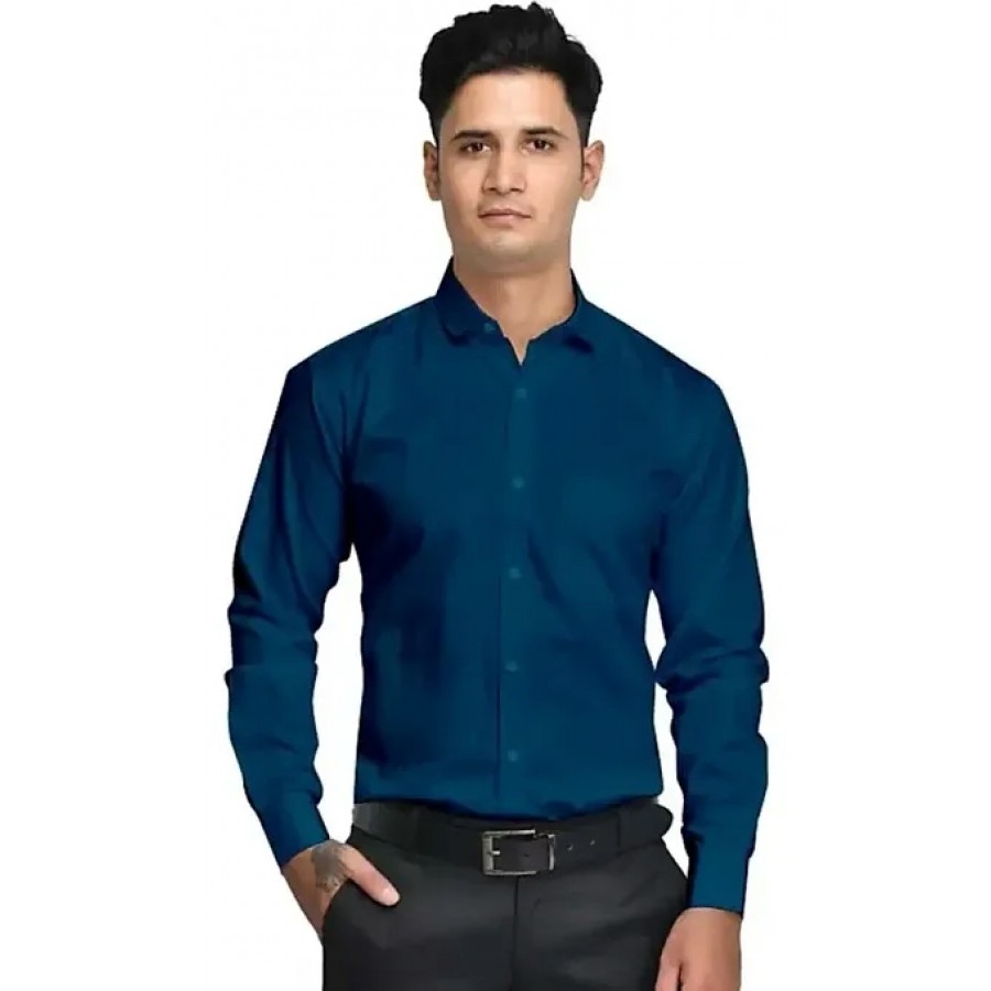 Blue Cotton Solid Casual Shirts For Men