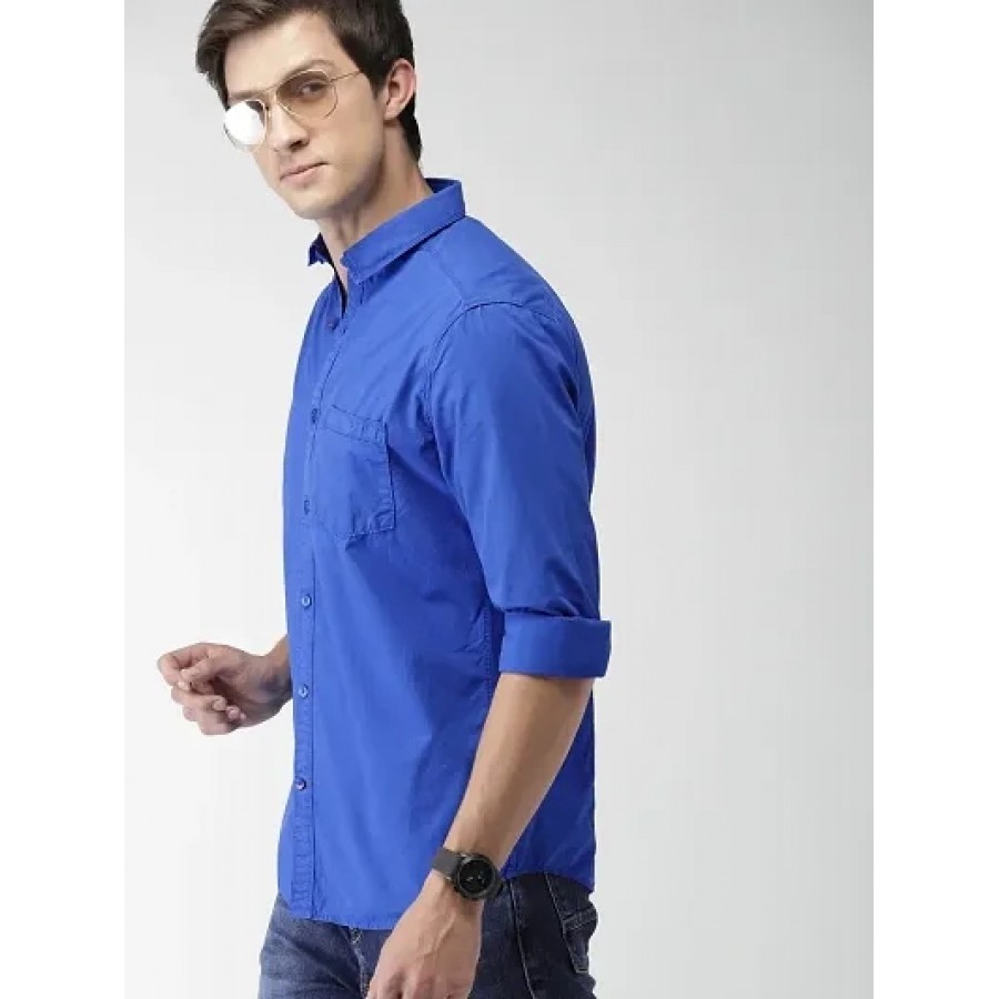 Blue Cotton Solid Casual Shirts For Men