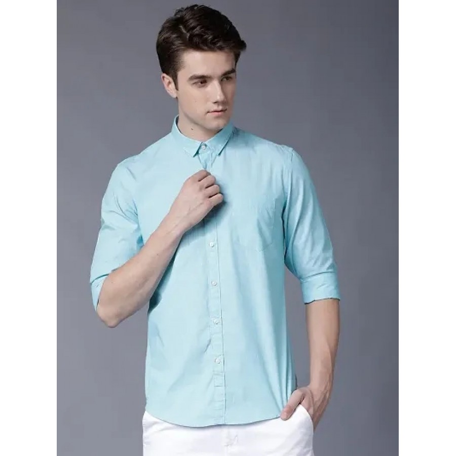 Blue Cotton Solid Casual Shirts For Men