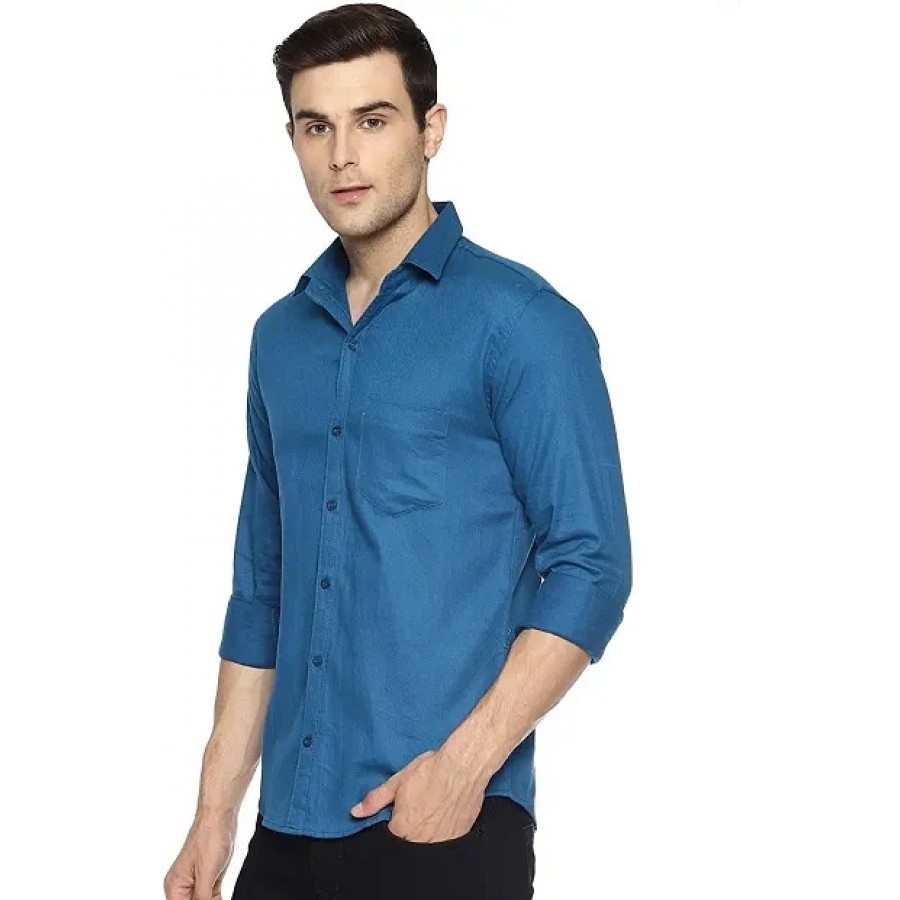 Blue Cotton Solid Casual Shirts For Men