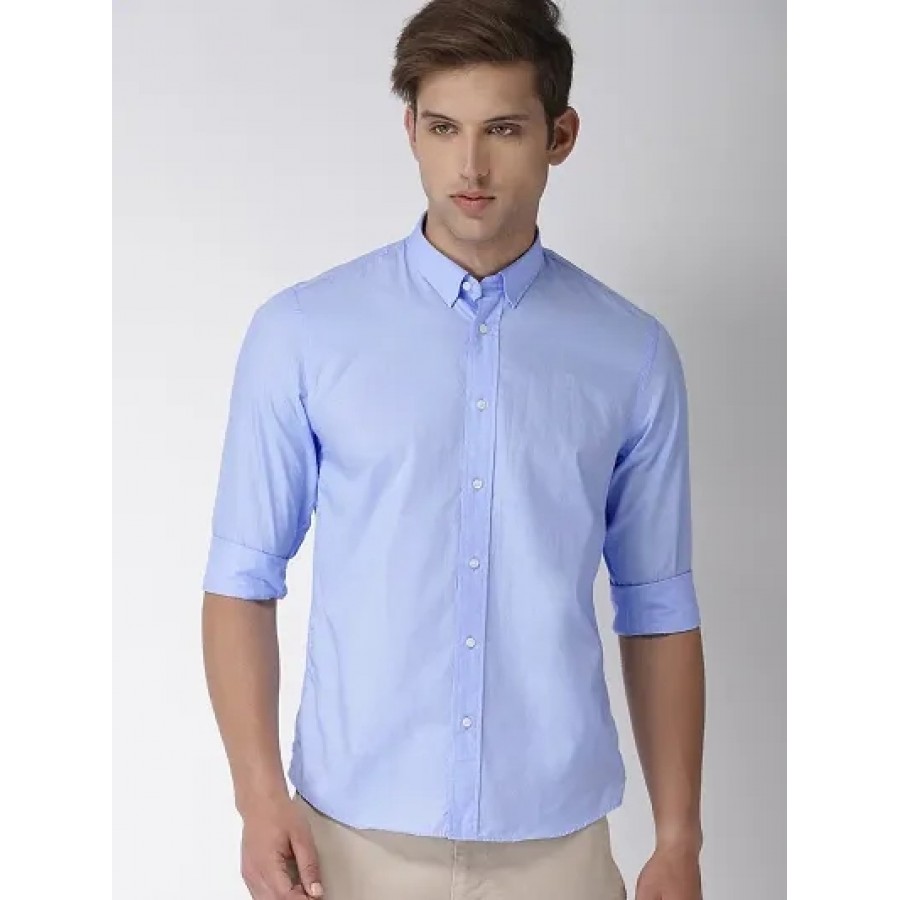 Blue Cotton Solid Casual Shirts For Men