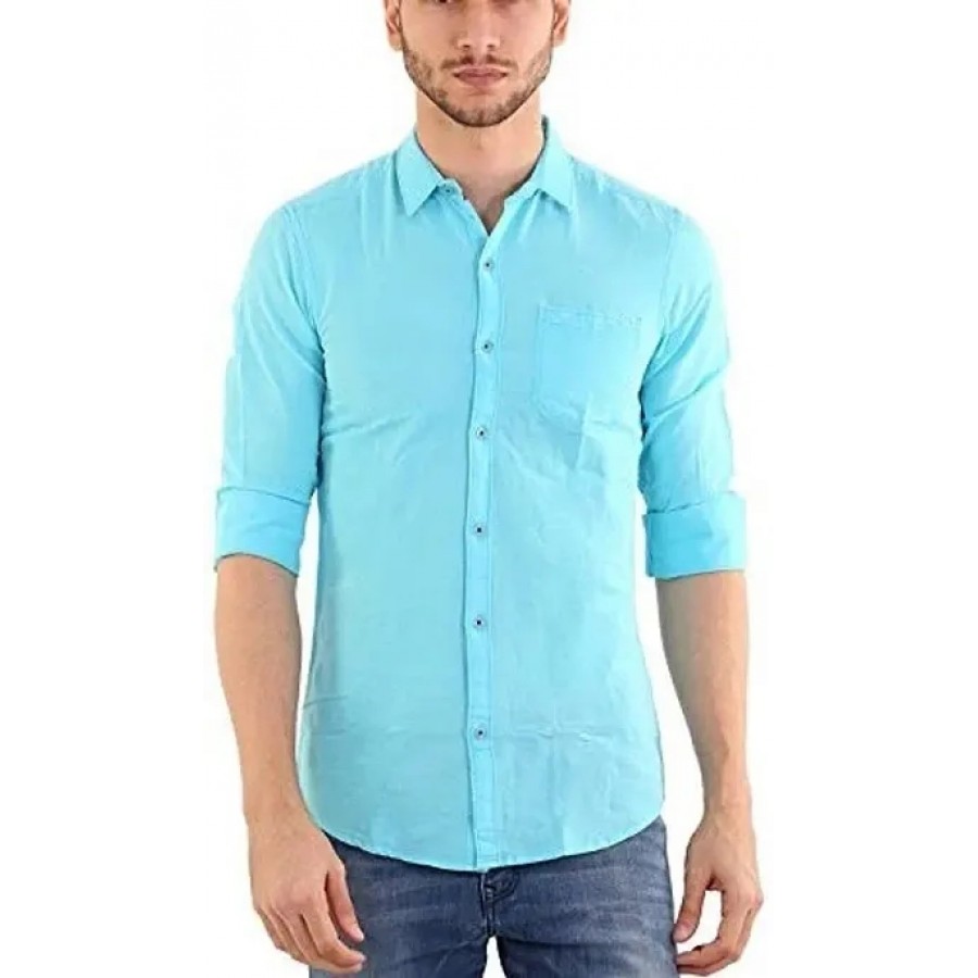 Blue Cotton Solid Casual Shirts For Men