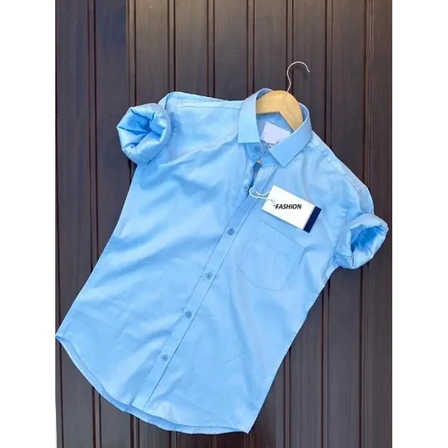 Blue Cotton Solid Casual Shirts For Men