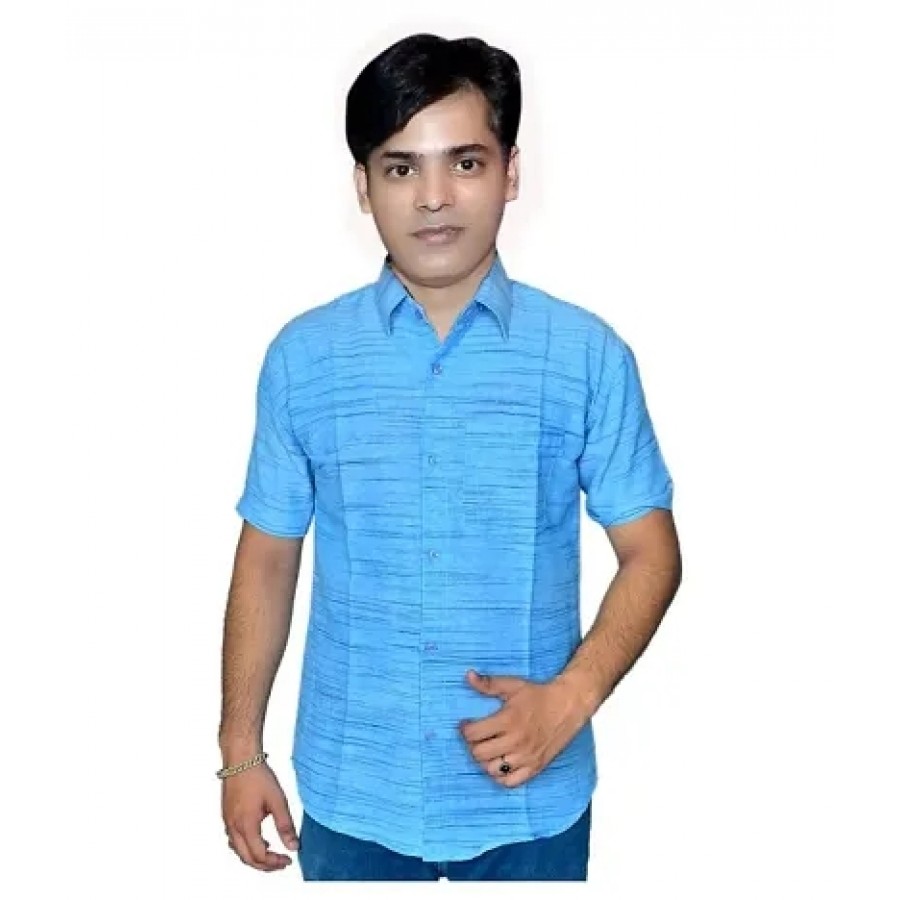 Blue Cotton Solid Casual Shirts For Men