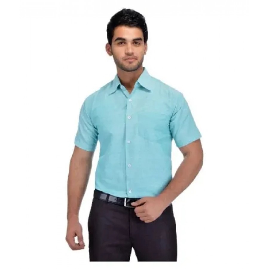 Blue Cotton Solid Casual Shirts For Men