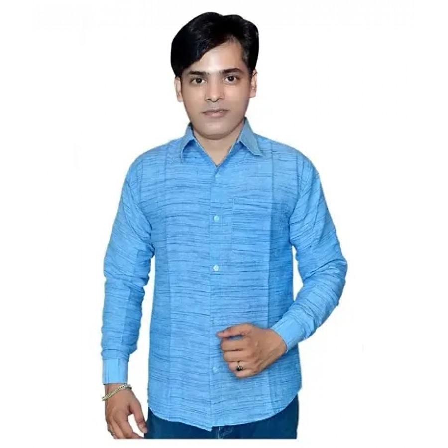 Blue Cotton Solid Casual Shirts For Men