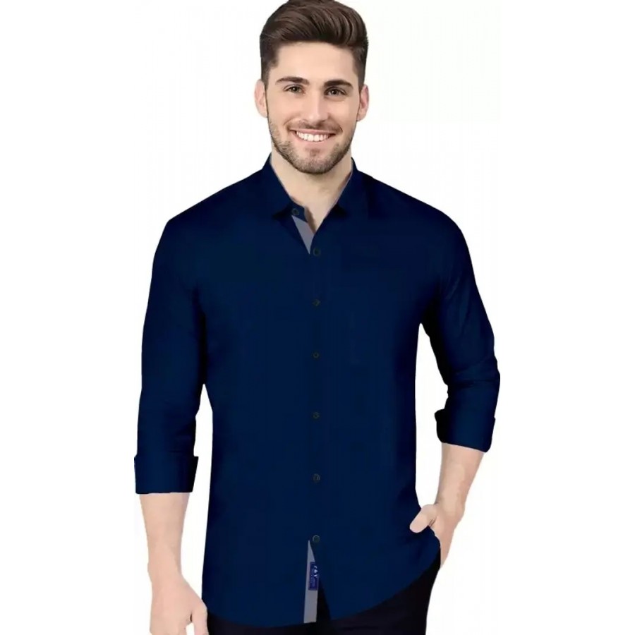 Blue Cotton Solid Casual Shirts For Men